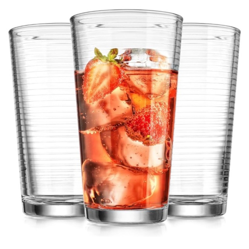 Set of 4: Elegant Clear Ribbed Drinking Glasses, 17 Oz., 6 Inches Tall, EUC